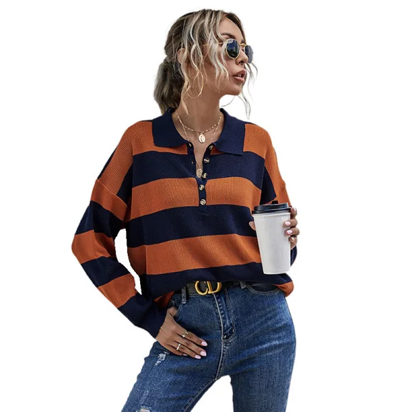 Fashion Fall Winter Street Wear Orange Lapel Stripe Sweaters 2021 Cotton Long Sleeve Regular Women Tops