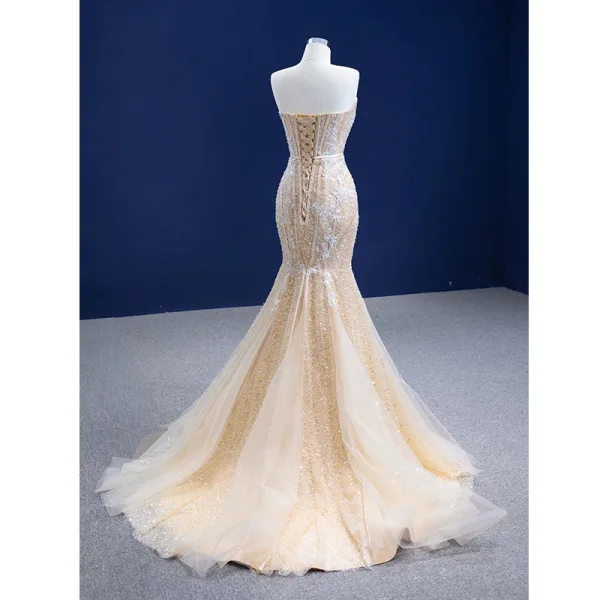 Sexy Charmant Champagne Perlage Trompette / Sirène Robe De Mariée 2021 Sans Manches Perle En Dentelle Fleur Noeud Ceinture Paillettes Bustier