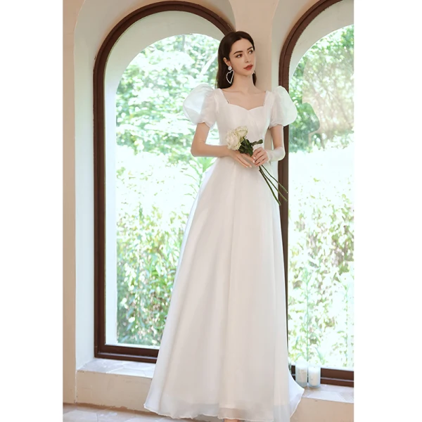 Vintage / Retro Modest / Simple Ivory Pearl Prom Dresses 2021 A-Line / Princess Square Neckline Puffy Short Sleeve Backless Bow Floor-Length / Long Formal Dresses