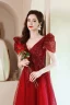 Elegant Burgundy Lace Flower Prom Dresses 2021 A-Line / Princess V-Neck Beading Pearl Cap Sleeves Backless Floor-Length / Long Formal Dresses