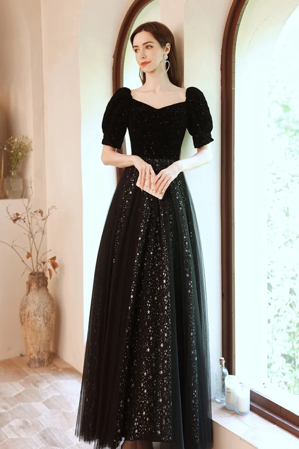 Chic / Belle Bling Bling Noire Étoile Paillettes Robe De Bal 2021 Princesse Encolure Carrée Manches Courtes Longue Robe De Ceremonie
