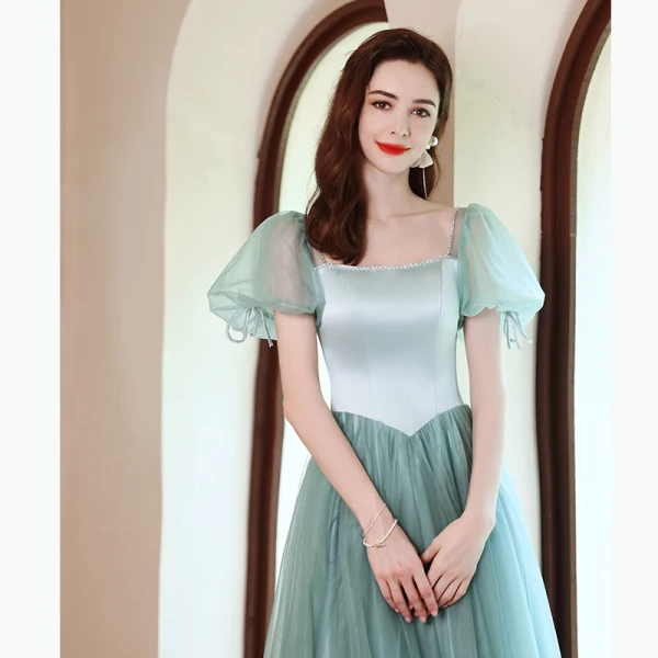 Elegant Mint Green Prom Dresses 2021 A-Line / Princess Square Neckline Puffy Short Sleeve Backless Bow Floor-Length / Long Formal Dresses
