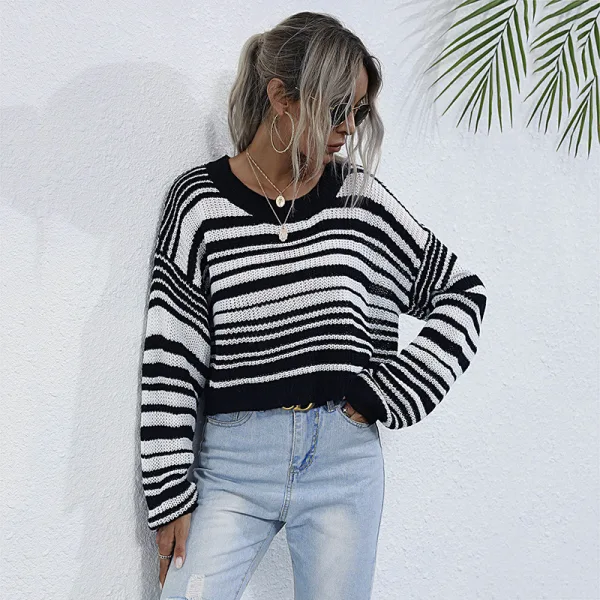 Comfortable Fall Winter Grey Striped Regular Sweaters 2021 Cotton Scoop Neck Long Sleeve Women Tops