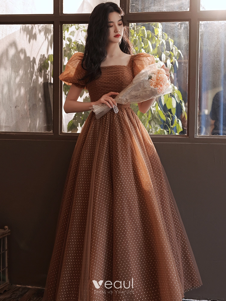 blue dress for baby girl Brown Satin Long A-Line Prom Dress, Off the Shoulder Evening Party Dre