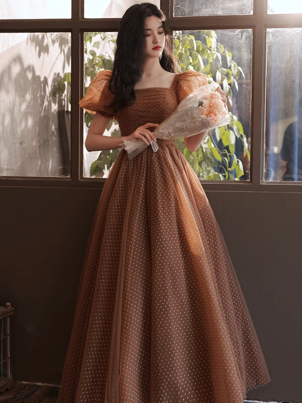 Vintage Retro Brown Spotted Prom Dresses 2021 A-Line Princess Square Neckline Puffy Long