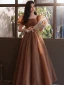 Vintage / Retro Brown Spotted Prom Dresses 2021 A-Line / Princess Square Neckline Puffy Short Sleeve Backless Floor-Length / Long Prom Formal Dresses
