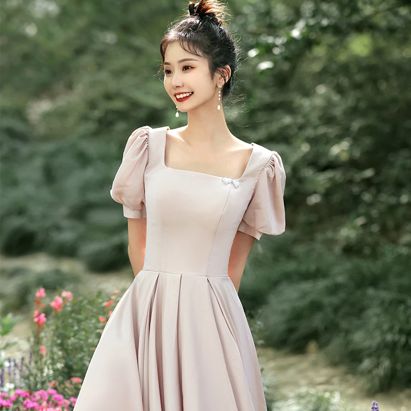 Modest Simple Burgundy Homecoming Graduation Dresses 2021 A Line Princess  Square Neckline Short Sleeve Backless Tea Length Formal Dresses