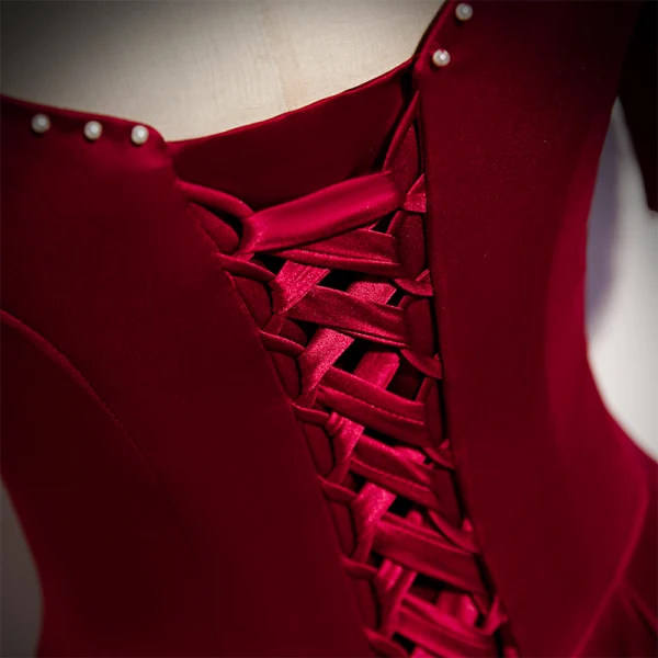 Vintage / Retro Burgundy Satin Prom Dresses 2021 A-Line / Princess Pearl Square Neckline Short Sleeve Backless Floor-Length / Long Prom Formal Dresses