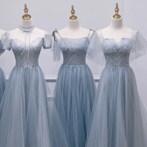 Modest / Simple Sky Blue Bridesmaid Dresses 2021 A-Line / Princess Short Sleeve Backless Beading Pearl Floor-Length / Long Bridesmaid Wedding Party Dresses