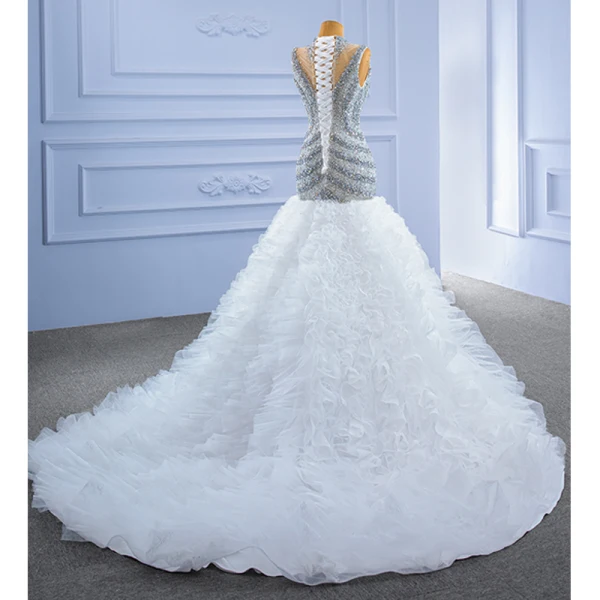 High-end White Glitter Wedding Dresses 2021 Trumpet / Mermaid Scoop Neck Beading Crystal Sequins Sleeveless Chapel Train Wedding