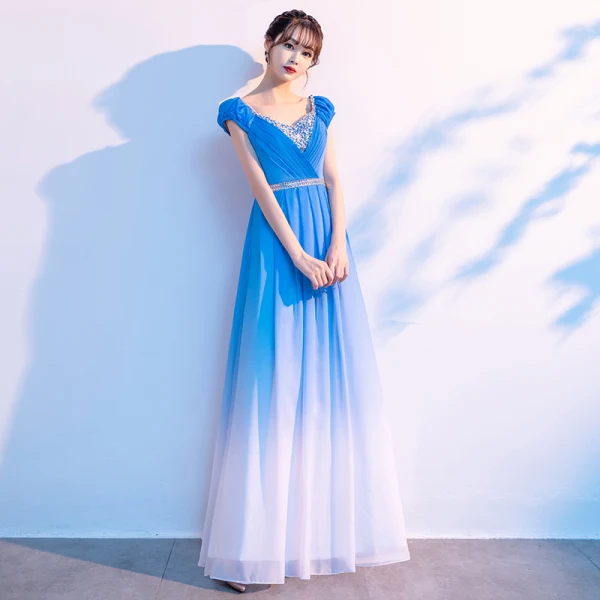 Traditional Pool Blue Gradient-Color Prom Dresses 2021 A-Line / Princess V-Neck Beading Rhinestone Sequins Short Sleeve Backless Floor-Length / Long Prom Formal Dresses