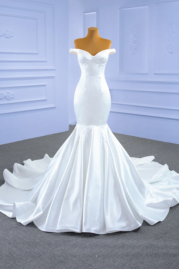 Vintage / Retro Ivory Satin Wedding Dresses 2021 Trumpet / Mermaid Off-The-Shoulder Sleeveless Backless Royal Train Wedding