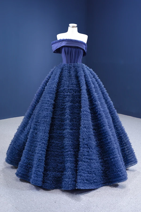 Vintage / Retro Navy Blue Ruffle Prom Dresses 2021 Ball Gown Off-The-Shoulder Sleeveless Backless Floor-Length / Long Prom Formal Dresses