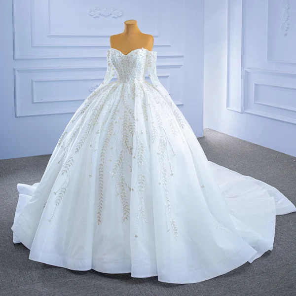 High-end White Wedding Dresses 2021 Ball Gown Off-The-Shoulder Beading Sequins Lace Flower Long Sleeve Backless Royal Train Wedding