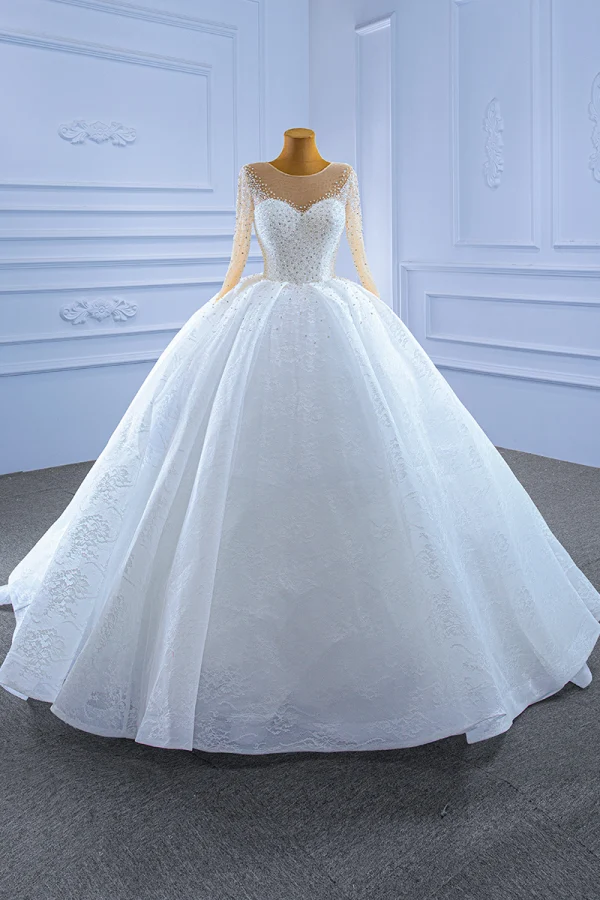 Elegant High-end White Wedding Dresses 2021 Ball Gown Scoop Neck Beading Pearl Sequins Long Sleeve Chapel Train Wedding