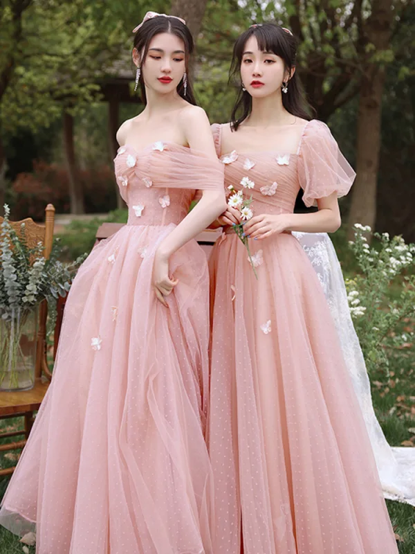 Chic / Beautiful Blushing Pink Lace Butterfly Bridesmaid Dresses 2021 A-Line / Princess Short Sleeve Backless Floor-Length / Long Bridesmaid Wedding Party Dresses