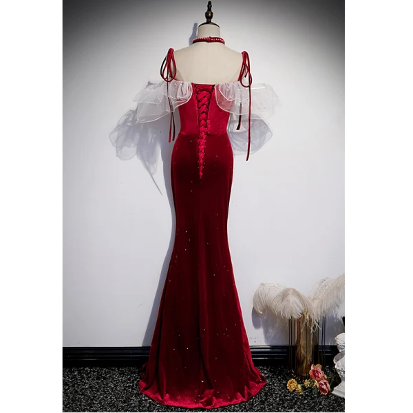 Charming Burgundy Pearl Suede Split Front Evening Dresses 2021 Trumpet / Mermaid Spaghetti Straps Sleeveless Backless Evening Party Floor-Length / Long Formal Dresses