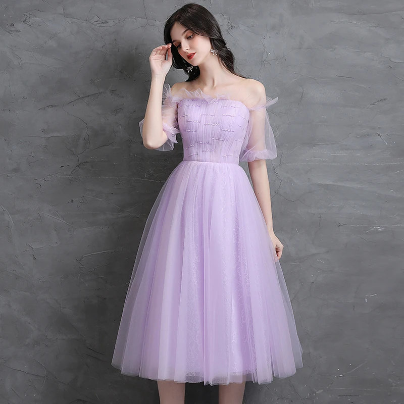 Modest Simple Lavender Homecoming Graduation Dresses 2021 A Line Princess  Off The Shoulder Pearl Short Sleeve Backless Tea Length Formal Dresses
