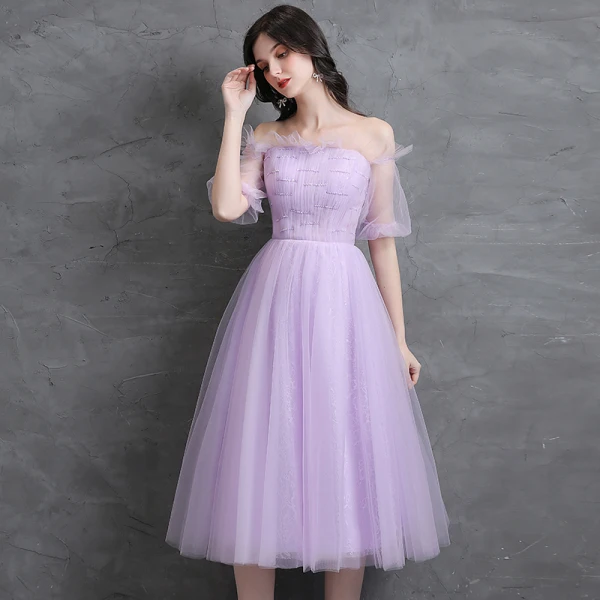 Modest / Simple Lavender Homecoming Graduation Dresses 2021 A-Line / Princess Off-The-Shoulder Pearl Short Sleeve Backless Tea-length Formal Dresses