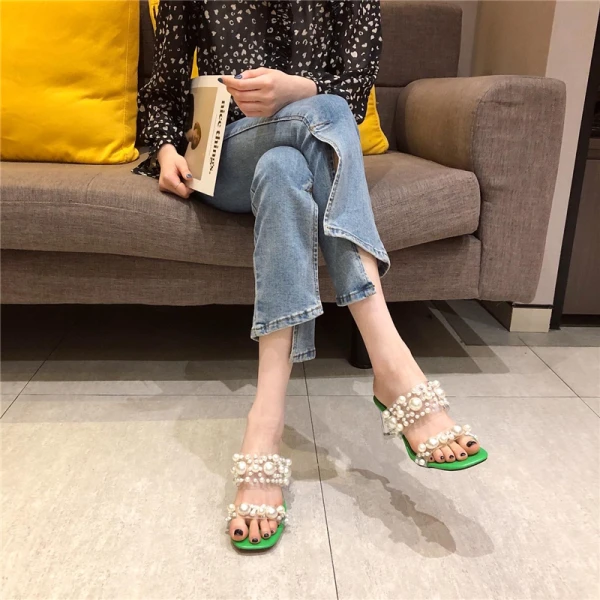 Chic / Beautiful Yellow Street Wear Pearl Womens Sandals 2021 7 cm Crystal Thick Heels Open / Peep Toe Sandals High Heels