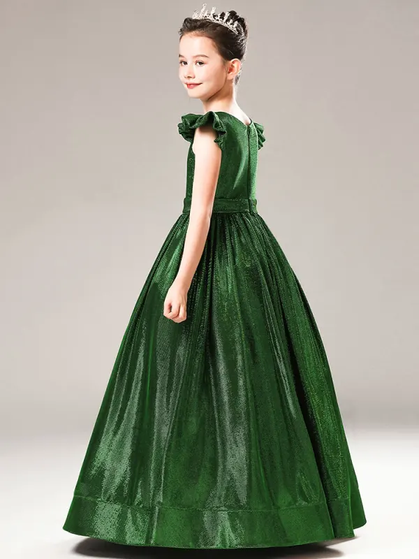 Chic / Beautiful Dark Green Sequins Evening Party Flower Girl Dresses 2021 A-Line / Princess Scoop Neck Cap Sleeves Zipper Up Floor-Length / Long