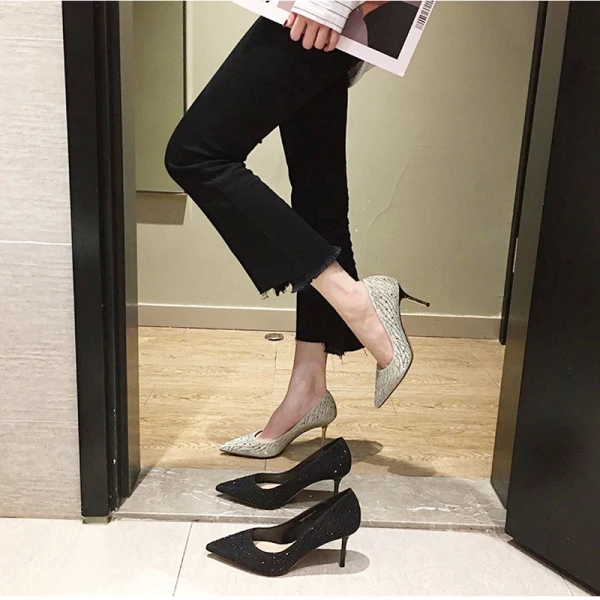 Chic / Beautiful Black Rhinestone Pumps 2021 7 cm Stiletto Heels Evening Party Pointed Toe Pumps High Heels