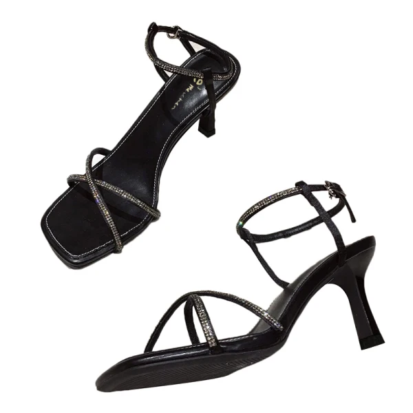 Romeins Sexy Zwarte Straatkleding Rhinestone Sandalen Dames 2021 Enkelband 7 cm Naaldhakken / Stiletto Peep Toe Sandalen Hoge Hakken