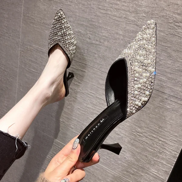Chic / Beautiful Black Casual Pearl Rhinestone Womens Sandals 2021 6 cm Stiletto Heels Pointed Toe Sandals High Heels