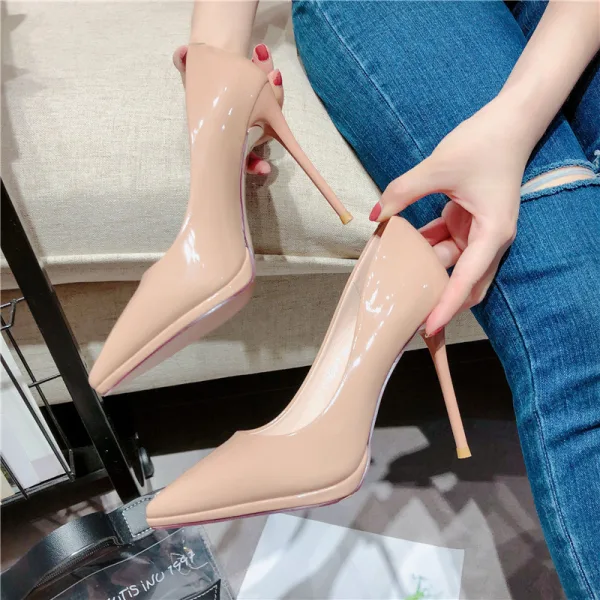 Rougissant Rose Bureau OL Cuir Verni PU Tomber Printemps Été Talons Hauts Talons Aiguilles 11 cm Escarpins 11 cm À Bout Pointu Chic / Belle 2021 Escarpins