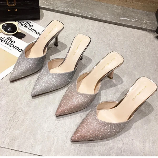 Charmant Champagne Vêtement de rue Paillettes Sandales Femme 2021 8 cm Talons Aiguilles À Bout Pointu Sandales Talons Hauts