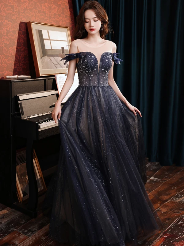 Vintage / Retro Navy Blue Prom Dresses 2021 A-Line / Princess Off-The-Shoulder Beading Sequins Sleeveless Backless Floor-Length / Long Prom Formal Dresses