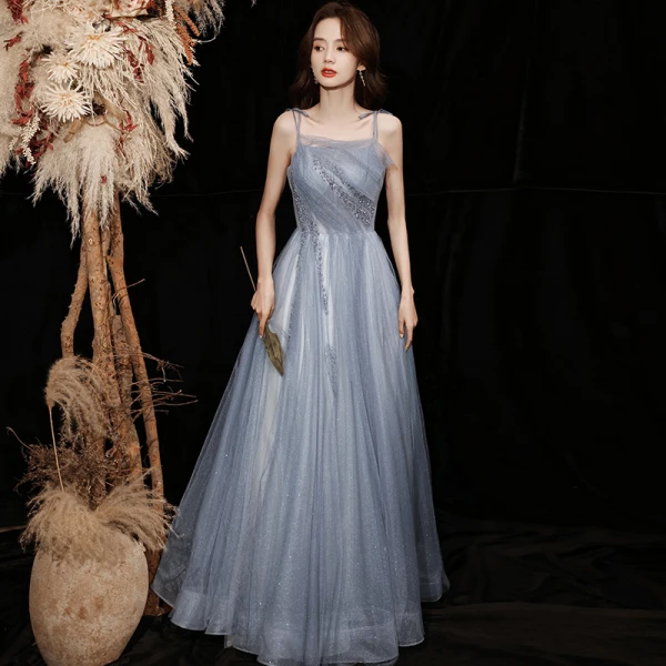 Chic / Belle Bleu Ciel Gris Paillettes Robe De Bal 2021 Princesse Bretelles Spaghetti Sans Manches Dos Nu Longue Promo Robe De Ceremonie