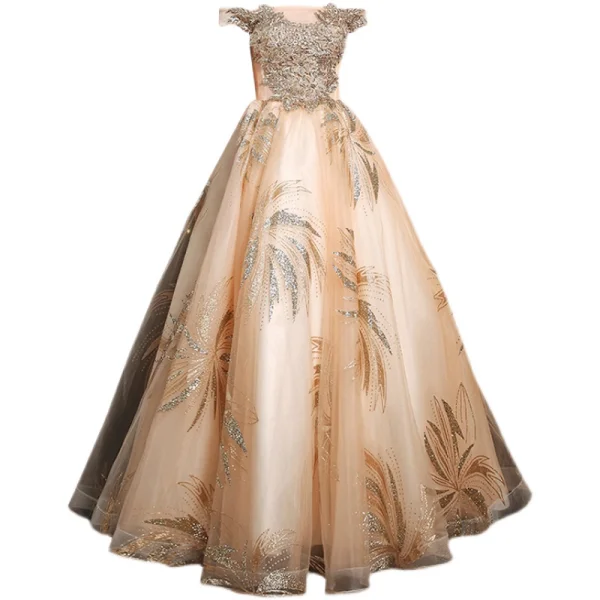 Charmant Doré Robe De Bal 2021 Princesse De l'épaule Perlage Paillettes En Dentelle Fleur Sans Manches Dos Nu Longue Promo Robe De Ceremonie