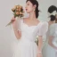 Modest / Simple Vintage / Retro Ivory Satin Wedding Dresses 2021 A-Line / Princess Pearl Square Neckline Short Sleeve Backless Floor-Length / Long Wedding