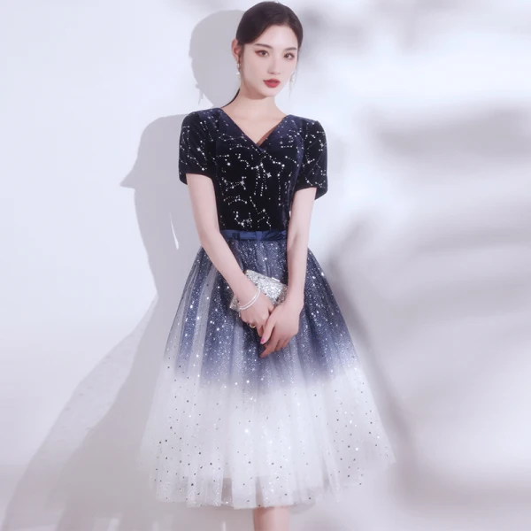 Modern / Fashion Navy Blue Suede Homecoming Graduation Dresses 2021 A-Line / Princess V-Neck Star Sequins Sash Bow Short Sleeve Tea-length Formal Dresses