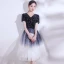 Modern / Fashion Navy Blue Suede Homecoming Graduation Dresses 2021 A-Line / Princess V-Neck Star Sequins Sash Bow Short Sleeve Tea-length Formal Dresses