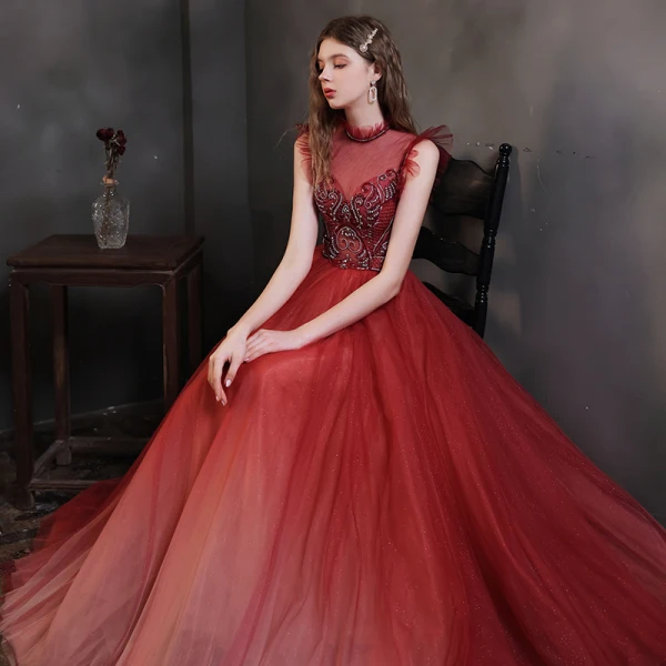 High-end Burgundy Prom Dresses 2021 A-Line / Princess High Neck Handmade Beading Crystal Rhinestone Sleeveless Floor-Length / Long Prom Formal Dresses