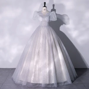 Chic Beautiful Grey Sequins Prom Dresses 2022 Ball Gown V Neck Puffy Short Sleeve Backless Floor Length Long Formal Dresses