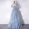 Fashion Sky Blue Tassel Rhinestone Bow Prom Dresses 2024 A-Line / Princess Strapless Sleeveless Backless Floor-Length / Long Prom Formal Dresses