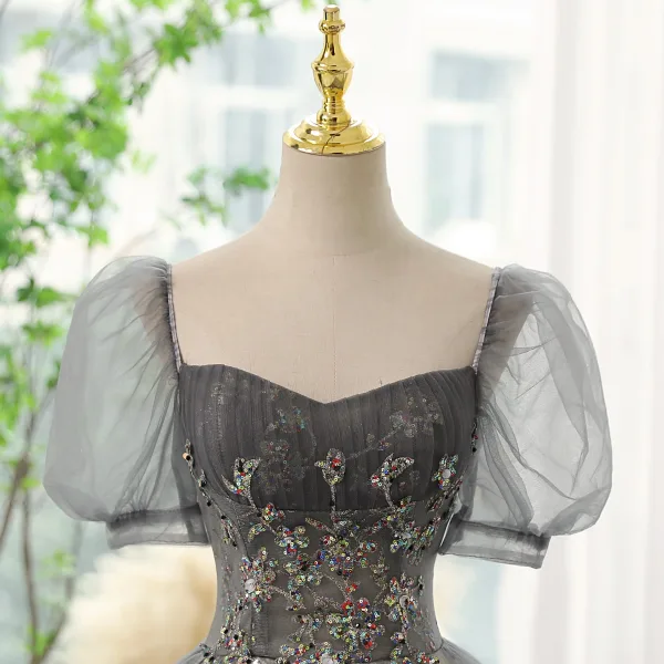Chic / Belle Gris Perlage Paillettes Robe De Bal 2023 Robe Boule Encolure Carrée Manches Courtes Dos Nu Longue Promo Robe De Ceremonie