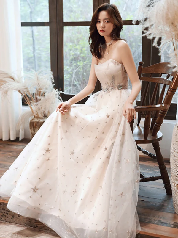 Fashion Champagne Evening Dresses  2020 A-Line / Princess Strapless Beading Star Lace Flower Sleeveless Backless Floor-Length / Long Formal Dresses