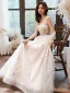 Fashion Champagne Evening Dresses  2020 A-Line / Princess Strapless Beading Star Lace Flower Sleeveless Backless Floor-Length / Long Formal Dresses