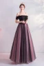 Charming Black Prom Dresses 2020 A-Line / Princess Off-The-Shoulder Crystal Lace Flower Short Sleeve Backless Floor-Length / Long Formal Dresses