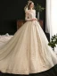 Charming Champagne Ball Gown Glitter Wedding Dresses 2020 Scoop Neck Beading Sequins Lace Flower 3/4 Sleeve Backless Cathedral Train