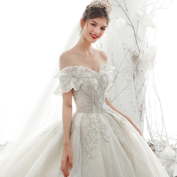 Luxury / Gorgeous Ivory Wedding Dresses 2020 Ball Gown Off-The-Shoulder Beading Glitter Sequins Pearl Lace Flower Short Sleeve Backless Royal Train