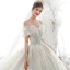 Luxury / Gorgeous Ivory Wedding Dresses 2020 Ball Gown Off-The-Shoulder Beading Glitter Sequins Pearl Lace Flower Short Sleeve Backless Royal Train