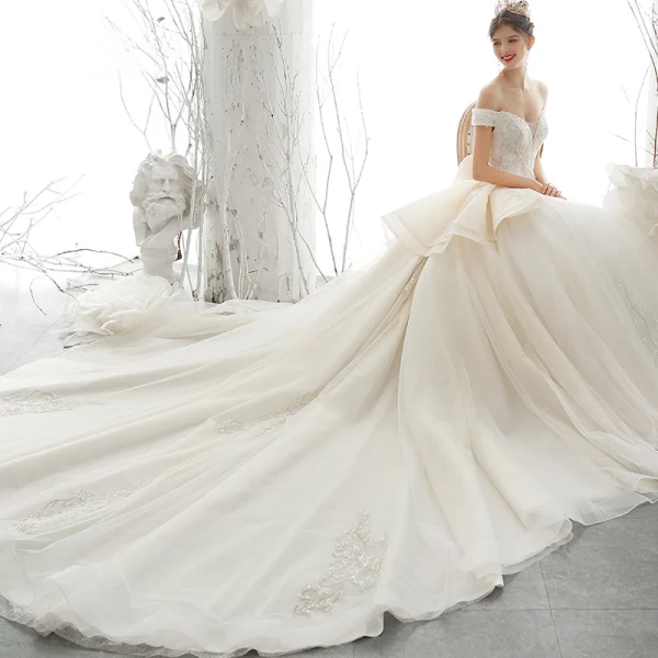 Luxury / Gorgeous Champagne Wedding Dresses 2020 A-Line / Princess Off-The-Shoulder Beading Rhinestone Sequins Lace Flower Sleeveless Backless Royal Train