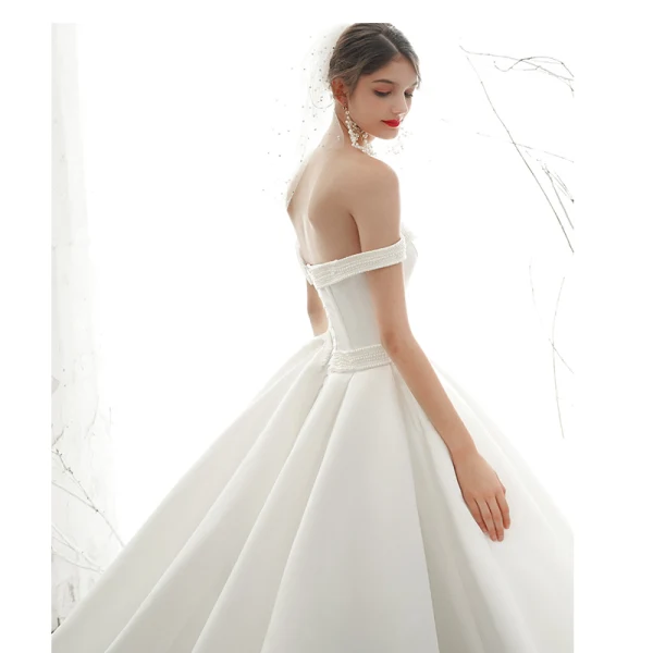 High-end Ivory Satin Wedding Dresses 2020 A-Line / Princess Off-The-Shoulder Pearl Sleeveless Backless Royal Train