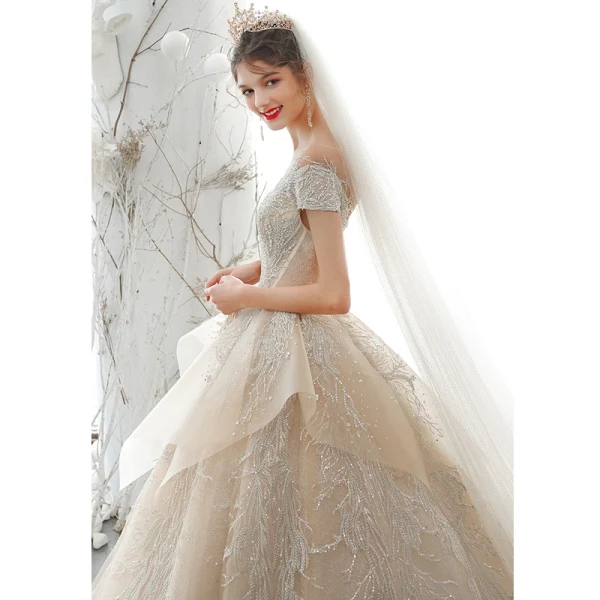 Luxury / Gorgeous High-end Champagne Wedding Dresses 2020 Ball Gown Beading Pearl Rhinestone Lace Flower Scoop Neck Short Sleeve Backless Royal Train