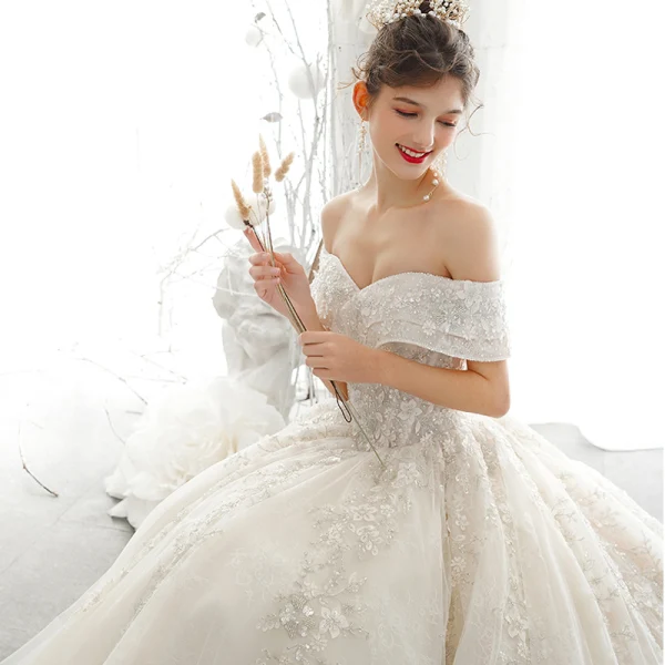 Luxury / Gorgeous Champagne Wedding Dresses 2020 A-Line / Princess Off-The-Shoulder Beading Pearl Sequins Lace Flower Appliques Short Sleeve Backless Royal Train